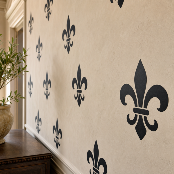 Autocollants muraux fleur de lys noirs sur mur ivoire dans une entrée