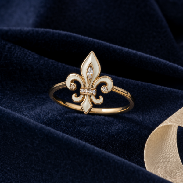 Bague fleur de lys émaillée ivoire avec anneau doré sur velours bleu nuit