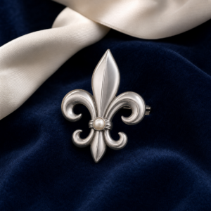 Broche fleur de lys argentée avec perle ivoire sur velours bleu nuit