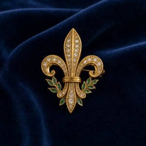 Broche fleur de lys dorée à cristaux et feuillage vert