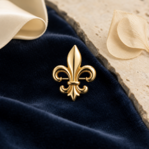 Broche fleur de lys dorée sur velours bleu nuit
