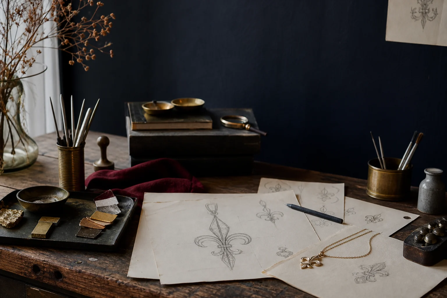 Table d’atelier avec esquisses, métaux et pendentif fleur de lys
