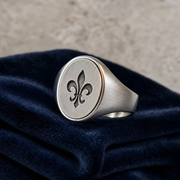 Bague chevalière argentée gravée d’une fleur de lys