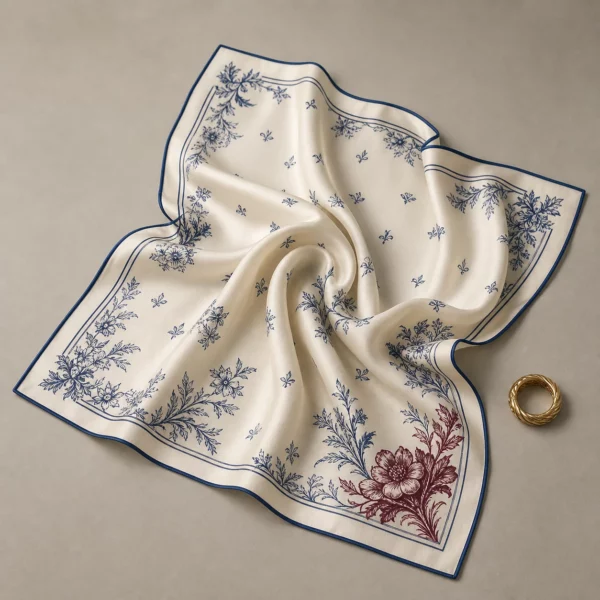 Foulard ivoire à motifs botaniques bleu nuit et fleurs de lys